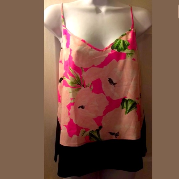 New FRENCH CONNECTION Holiday Poppy Polly Tank Top Pink Floral Cami Blouse Black - Picture 2 of 9